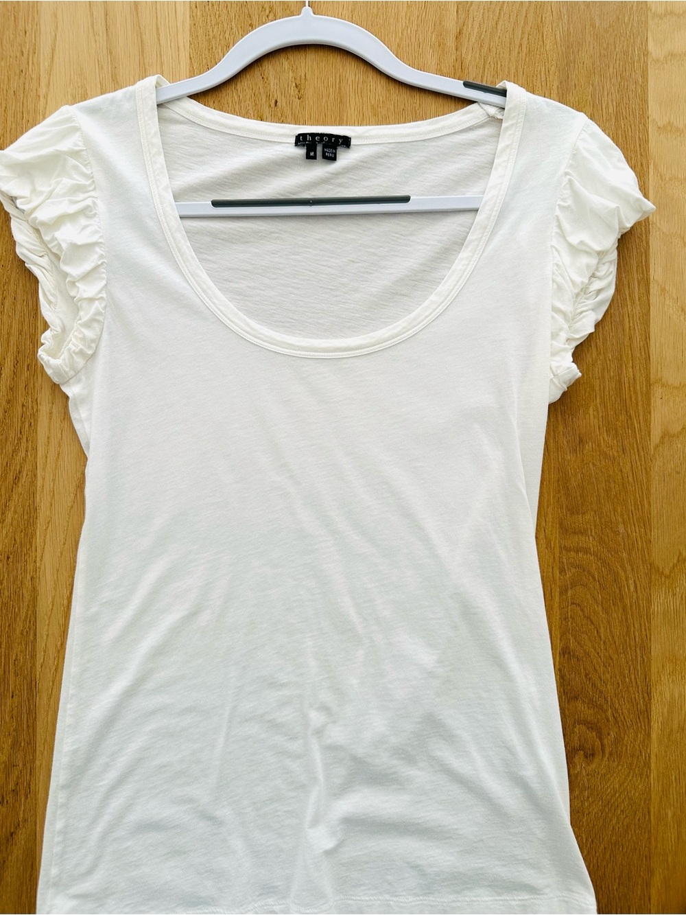 Theory Off White Scoop Neck Tee with Ruffle Short Sleeves, M